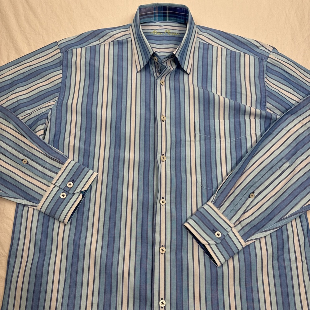Alan Flusser Shirt Mens Medium Blue STRIPE Long Sleeve Button Cotton Casual